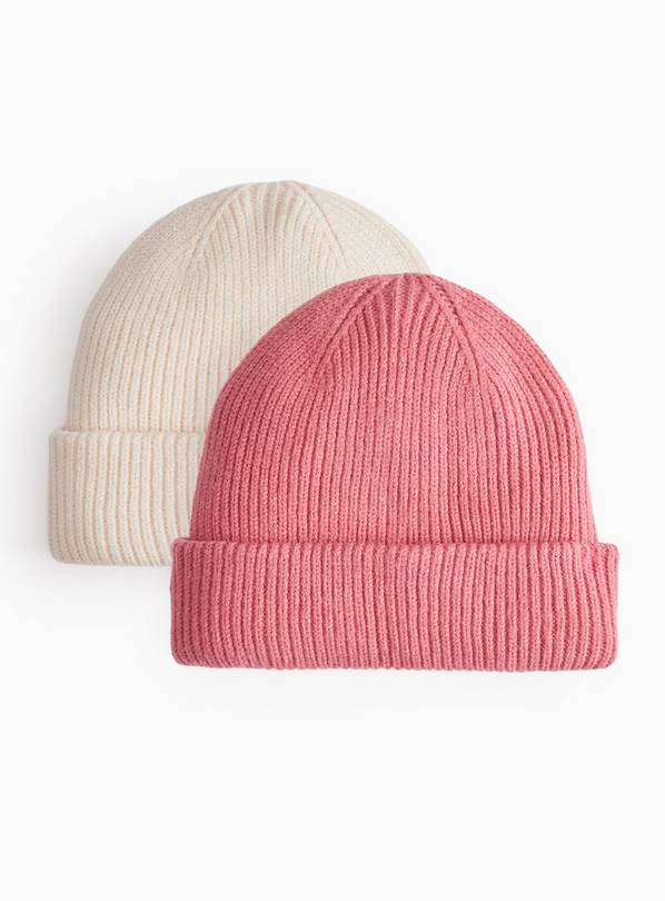 Pink & Neutral Ribbed Knitted Beanie Hats 2-Pack 6-12 months